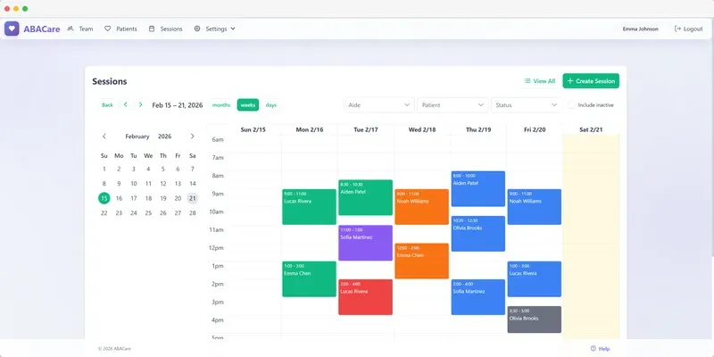 Schedule - Build session calendars and assign aides to patients effortlessly.