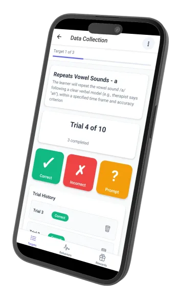 ABACare mobile app showing real-time data collection during therapy sessions